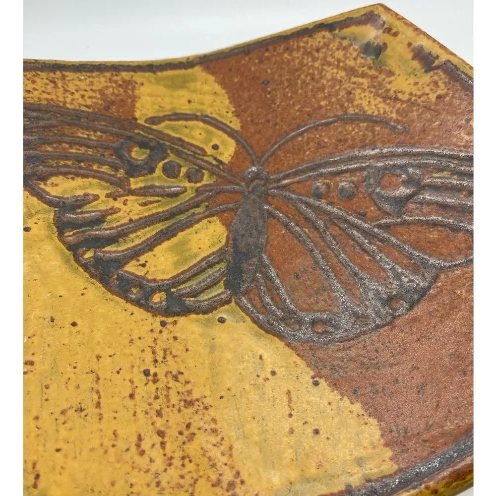 Vintage Butterfly signed Studio Pottery Gold‎ Burnt orange footed dish signed